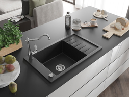 Mexen Elias 1-bowl granite sink with drainer and kitchen faucet Carla, black/silver metallic - 6511-73-670700-00