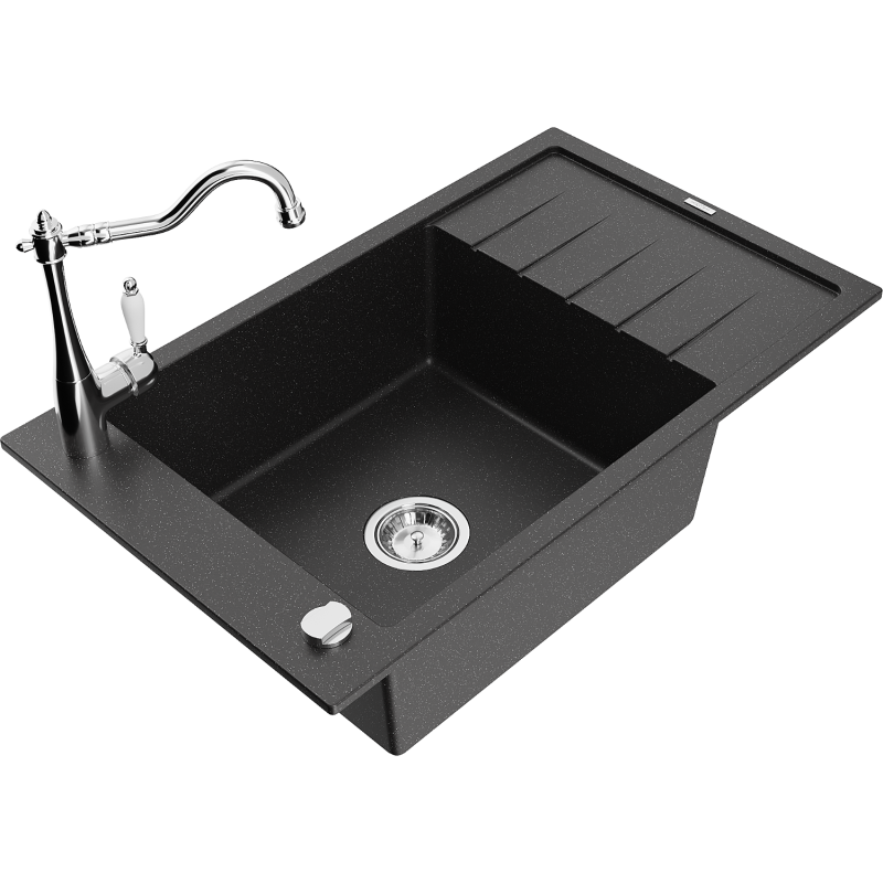 Mexen Elias granite kitchen sink 1-bowl with drainer and Carla kitchen tap, black/silver metallic - 6511-73-670700-00
