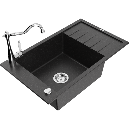 Mexen Elias granite kitchen sink 1-bowl with drainer and Carla kitchen tap, black/silver metallic - 6511-73-670700-00