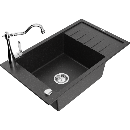 Mexen Elias granite kitchen sink 1-bowl with drainer and kitchen faucet Carla, black/silver metallic - 6511-73-670700-00