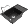 Mexen Elias granite kitchen sink 1-bowl with drainer and Carla kitchen tap, black/silver metallic - 6511-73-670700-00