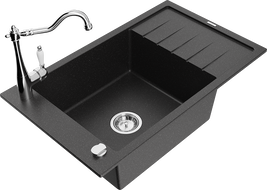 Mexen Elias 1-bowl granite sink with drainer and kitchen faucet Carla, black/silver metallic - 6511-73-670700-00