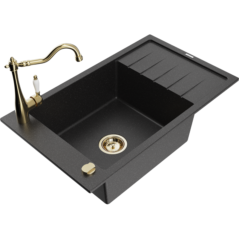 Mexen Elias 1-bowl granite sink with drainer and Carla kitchen tap, black/silver metallic - 6511-73-670700-50