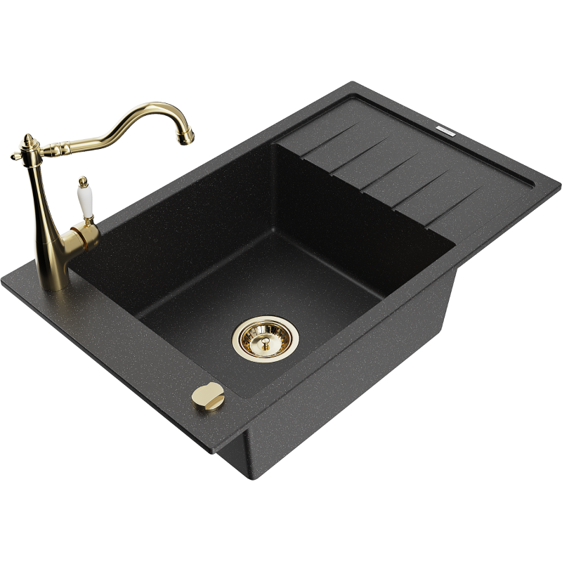 Mexen Elias 1-compartment granite sink with a drip tray and kitchen mixer tap Carla, Black/Silver metallic - 6511-73-670700-50