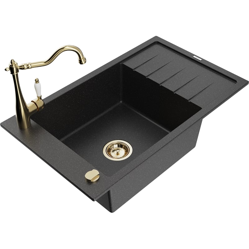 Mexen Elias granite sink 1-bowl with drainer and kitchen faucet Carla, black/silver metallic - 6511-73-670700-50