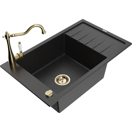 Mexen Elias 1-bowl granite sink with drainer and Carla kitchen tap, black/silver metallic - 6511-73-670700-50