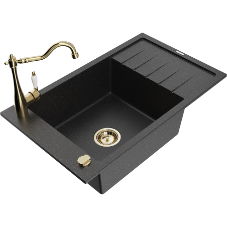 Mexen Elias 1-compartment granite sink with a drip tray and kitchen mixer tap Carla, Black/Silver metallic - 6511-73-670700-50