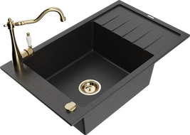 Mexen Elias granite sink 1-bowl with drainer and kitchen faucet Carla, black/silver metallic - 6511-73-670700-50