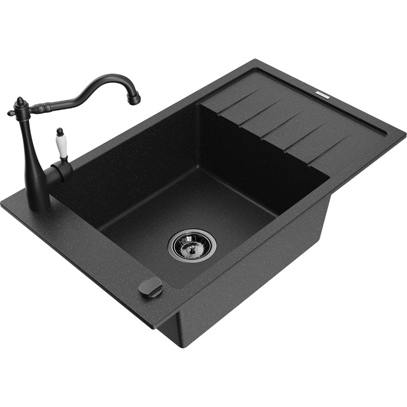 Mexen Elias granite kitchen sink single-bowl with drainer and kitchen faucet Carla, black/silver metallic - 6511-73-670700-70-B