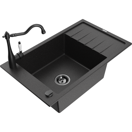 Mexen Elias granite kitchen sink 1-bowl with drainer and Carla kitchen faucet, black/silver metallic - 6511-73-670700-70-B