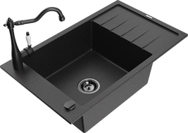 Mexen Elias granite sink 1-bowl with drainer and Carla kitchen tap, black/silver metallic - 6511-73-670700-70-B