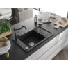 Mexen Elias Carla 1-bowl granite sink with drainer and kitchen faucet, black/silver metallic - 6511-73-670700-70