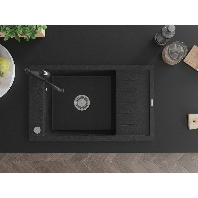 Mexen Elias granite kitchen sink 1-bowl with drainer and Carla kitchen tap, black/silver metallic - 6511-73-670700-70