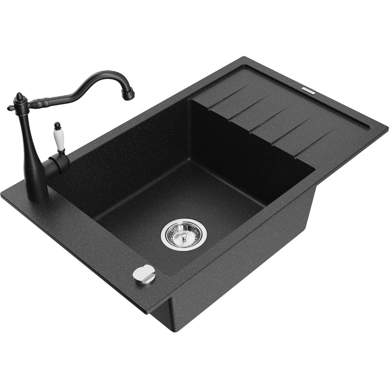 Mexen Elias granite kitchen sink 1-bowl with drainer and kitchen faucet Carla, black/silver metallic - 6511-73-670700-70