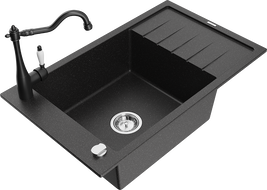 Mexen Elias granite kitchen sink 1-bowl with drainer and kitchen faucet Carla, black/silver metallic - 6511-73-670700-70