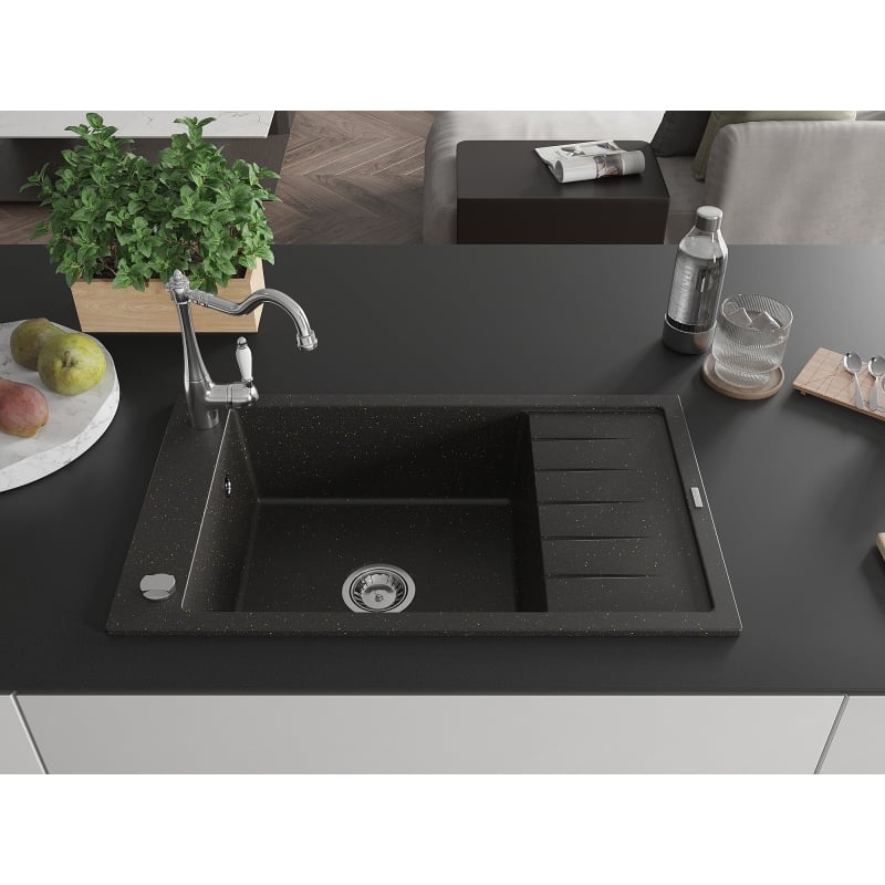 Mexen Elias granite kitchen sink 1-bowl with drainer and kitchen faucet Carla, black/gold metallic - 6511-75-670700-00