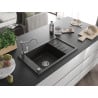 Mexen Elias granite sink 1-bowl with drainer and Carla kitchen tap, black/gold metallic - 6511-75-670700-00