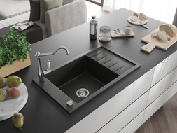 Mexen Elias 1-compartment granite sink with a drip tray and kitchen mixer tap Carla, Black/Gold metallic - 6511-75-670700-00