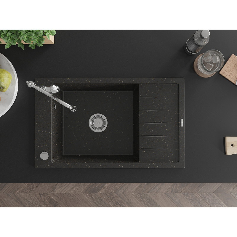 Mexen Elias granite kitchen sink 1-bowl with drainer and kitchen faucet Carla, black/gold metallic - 6511-75-670700-00