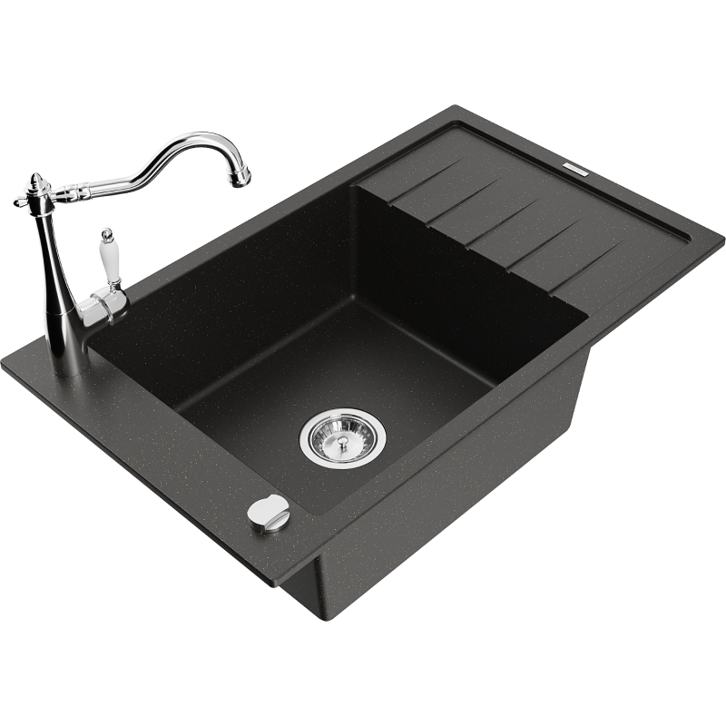 Mexen Elias 1-compartment granite sink with a drip tray and kitchen mixer tap Carla, Black/Gold metallic - 6511-75-670700-00