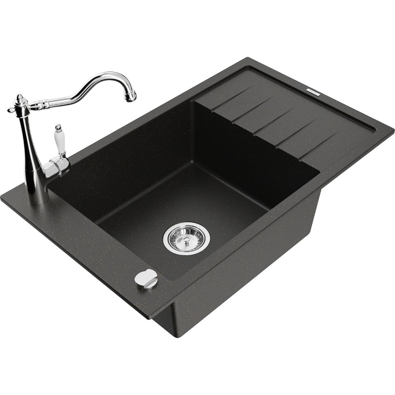 Mexen Elias granite kitchen sink 1-bowl with drainer and kitchen faucet Carla, black/gold metallic - 6511-75-670700-00