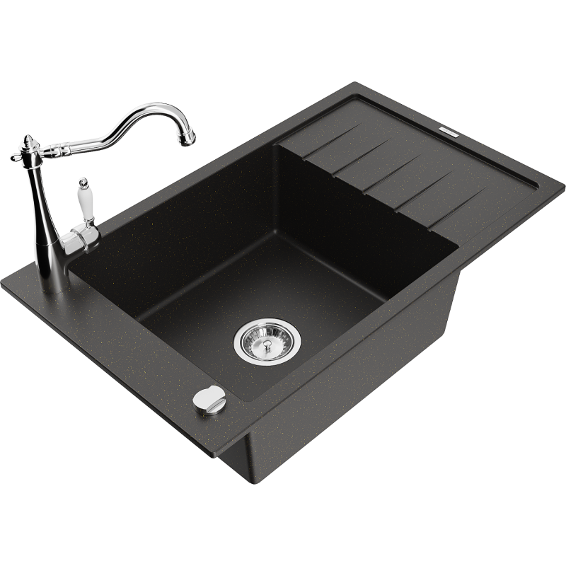 Mexen Elias granite sink 1-bowl with drainer and Carla kitchen tap, black/gold metallic - 6511-75-670700-00