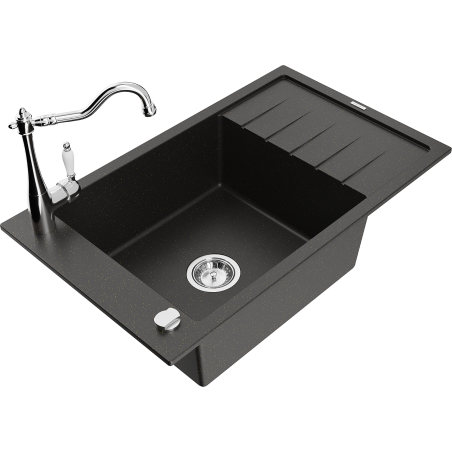 Mexen Elias granite kitchen sink 1-bowl with drainer and kitchen faucet Carla, black/gold metallic - 6511-75-670700-00