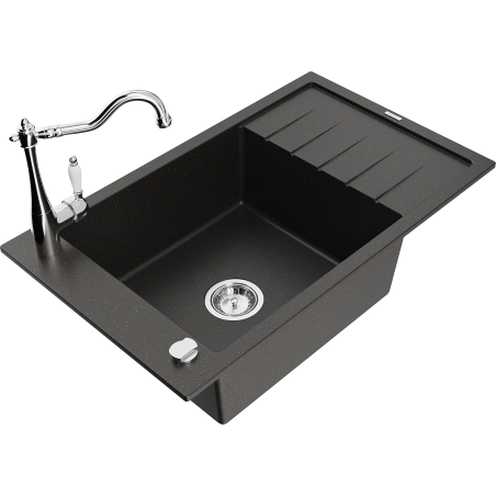 Mexen Elias granite sink 1-bowl with drainer and Carla kitchen tap, black/gold metallic - 6511-75-670700-00