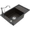 Mexen Elias granite kitchen sink 1-bowl with drainer and kitchen faucet Carla, black/gold metallic - 6511-75-670700-00
