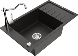 Mexen Elias granite kitchen sink 1-bowl with drainer and kitchen faucet Carla, black/gold metallic - 6511-75-670700-00