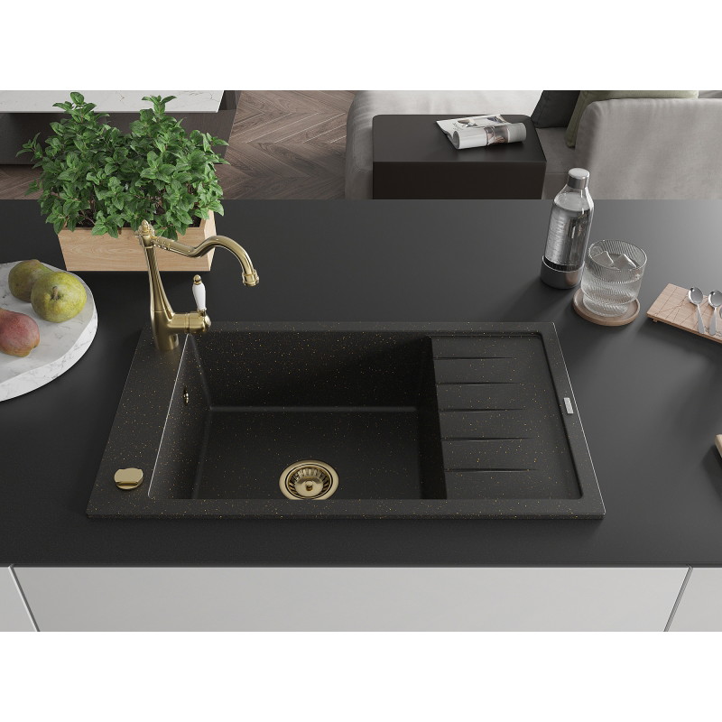 Mexen Elias granite kitchen sink 1-bowl with drainer and kitchen faucet Carla, black/gold metallic - 6511-75-670700-50