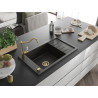 Mexen Elias 1-bowl granite sink with drainer and kitchen faucet Carla, black/gold metallic - 6511-75-670700-50