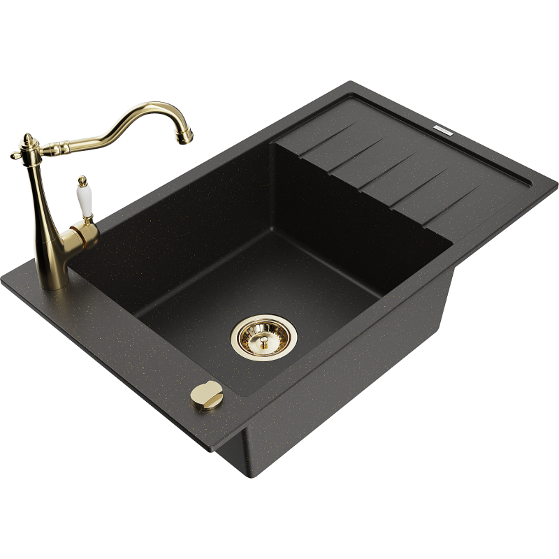 Mexen Elias 1-compartment granite sink with a drip tray and kitchen mixer tap Carla, Black/Gold metallic - 6511-75-670700-50