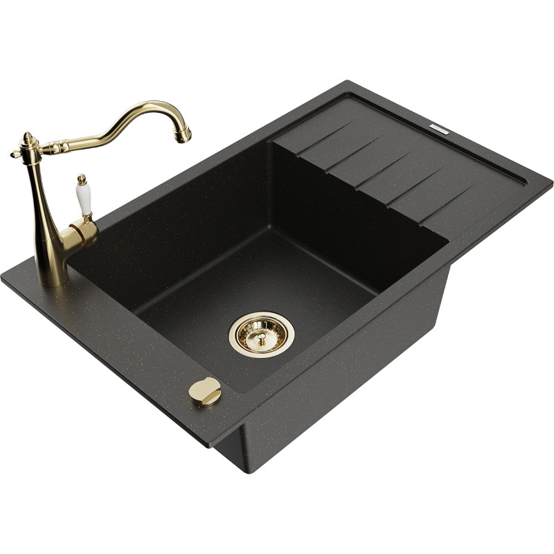 Mexen Elias granite kitchen sink 1-bowl with drainer and kitchen faucet Carla, black/gold metallic - 6511-75-670700-50