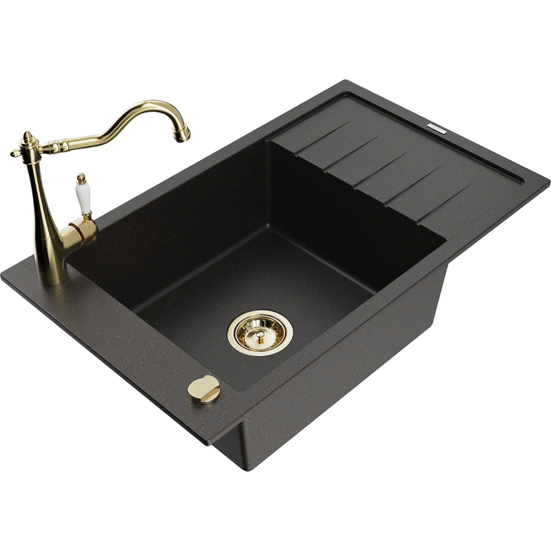 Mexen Elias granite sink 1-bowl with drainer and Carla kitchen tap, black/gold metallic - 6511-75-670700-50
