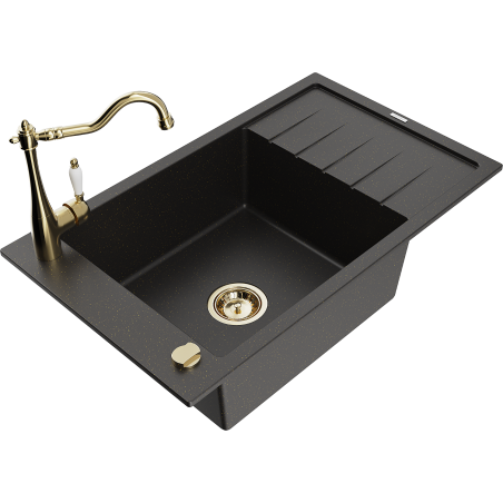 Mexen Elias 1-compartment granite sink with a drip tray and kitchen mixer tap Carla, Black/Gold metallic - 6511-75-670700-50