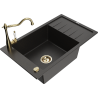Mexen Elias granite kitchen sink 1-bowl with drainer and kitchen faucet Carla, black/gold metallic - 6511-75-670700-50