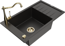 Mexen Elias granite kitchen sink 1-bowl with drainer and kitchen faucet Carla, black/gold metallic - 6511-75-670700-50