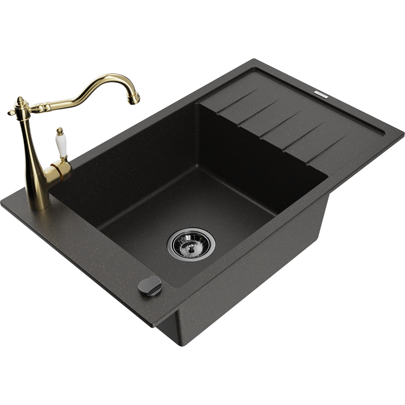 Mexen Elias 1-bowl granite kitchen sink with drainer and Carla kitchen tap, black/golden metallic - 6511-75-670700-50-B