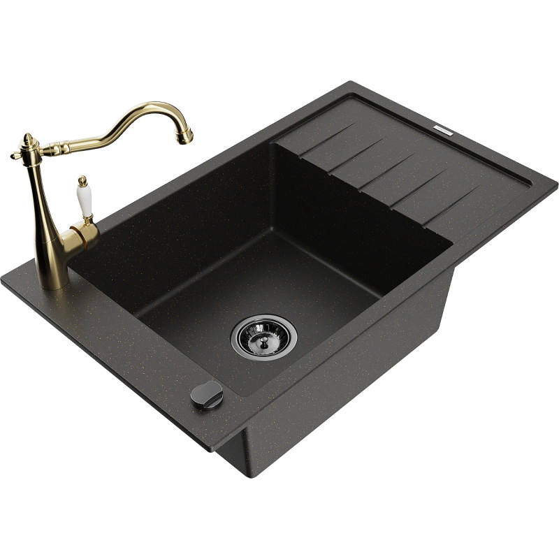 Mexen Elias 1-bowl granite sink with drainer and kitchen faucet Carla, black/gold metallic - 6511-75-670700-50-B