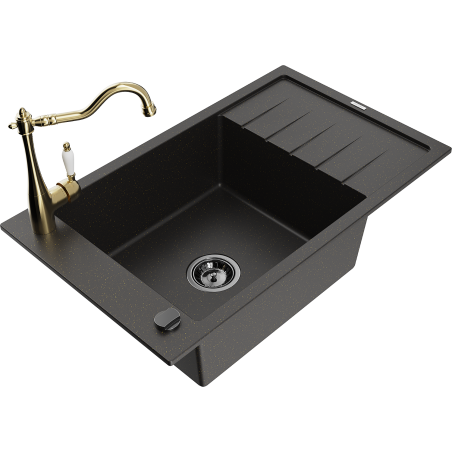 Mexen Elias 1-bowl granite kitchen sink with drainer and Carla kitchen tap, black/golden metallic - 6511-75-670700-50-B