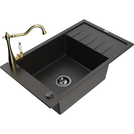 Mexen Elias 1-bowl granite sink with drainer and kitchen faucet Carla, black/gold metallic - 6511-75-670700-50-B