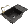 Mexen Elias 1-bowl granite sink with drainer and Carla kitchen faucet, black/gold metallic - 6511-75-670700-50-B