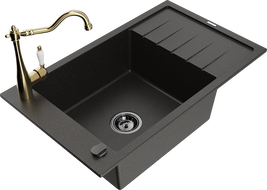 Mexen Elias 1-bowl granite sink with drainer and Carla kitchen faucet, black/gold metallic - 6511-75-670700-50-B