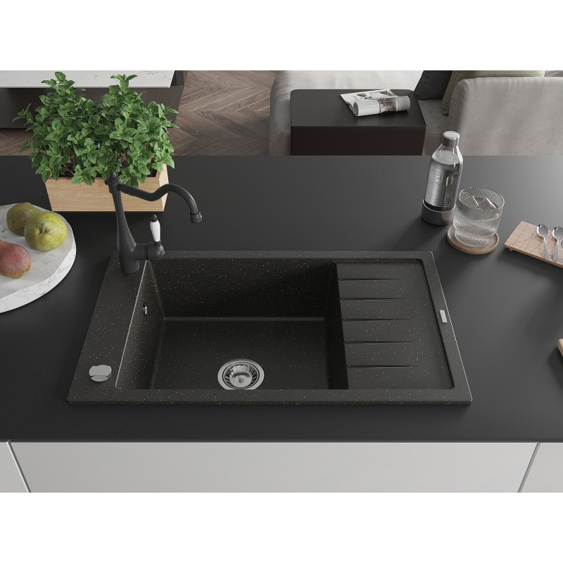 Mexen Elias 1-bowl granite sink with drainer and Carla kitchen faucet, black/gold metallic - 6511-75-670700-70