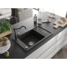 Mexen Elias 1-bowl granite sink with drainer and Carla kitchen tap, black/gold metallic - 6511-75-670700-70