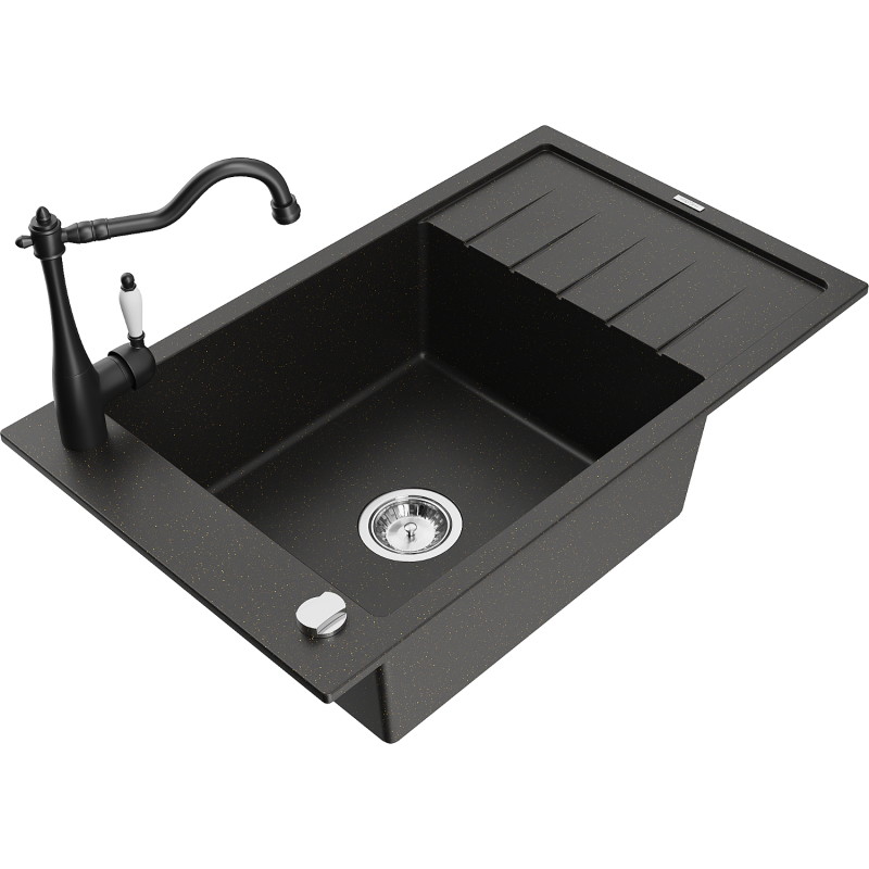 Mexen Elias 1-bowl granite sink with drainer and kitchen faucet Carla, black/gold metallic - 6511-75-670700-70