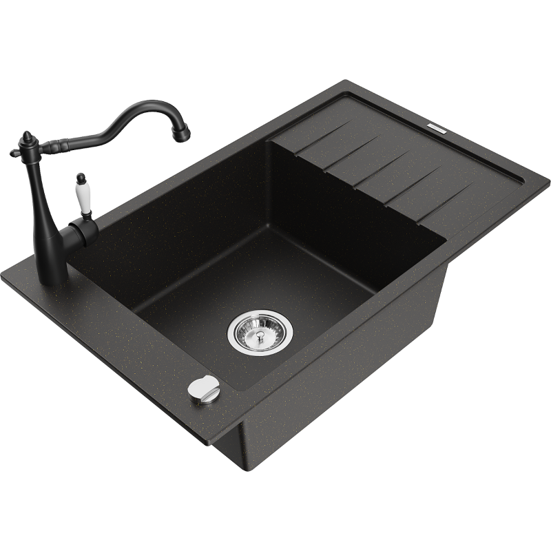 Mexen Elias 1-compartment granite sink with a drip tray and kitchen mixer tap Carla, Black/Gold metallic - 6511-75-670700-70