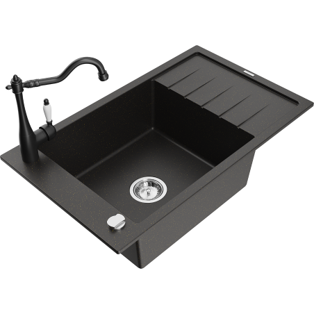 Mexen Elias 1-bowl granite sink with drainer and Carla kitchen faucet, black/gold metallic - 6511-75-670700-70