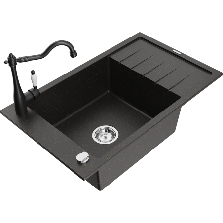 Mexen Elias 1-bowl granite sink with drainer and kitchen faucet Carla, black/gold metallic - 6511-75-670700-70